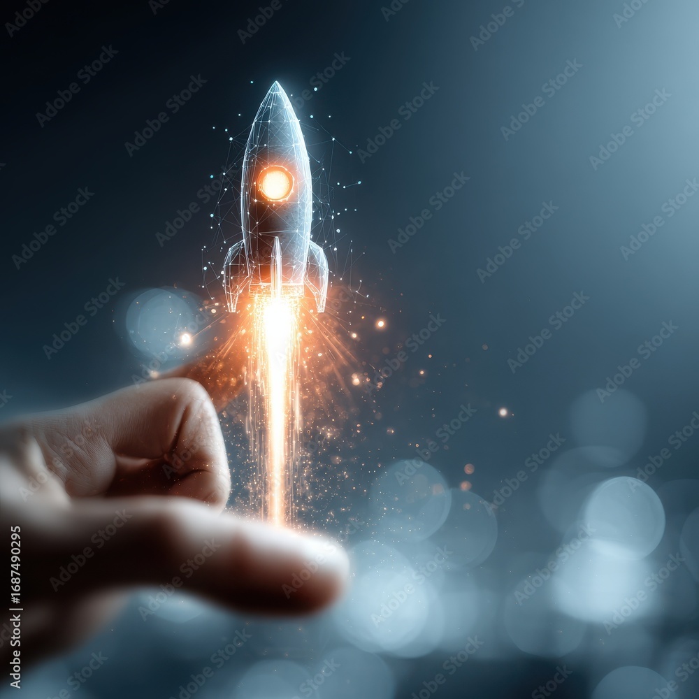 Poster a glowing digital rocket launches upward from a futuristic hand symbolizing innovation startup energ