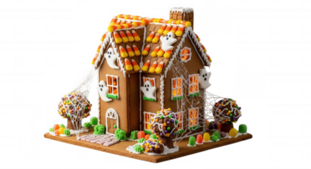 Halloween gingerbread house decorated with candy isolated on transparent background