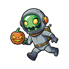 Cute green alien astronaut holding a jack o lantern pumpkin