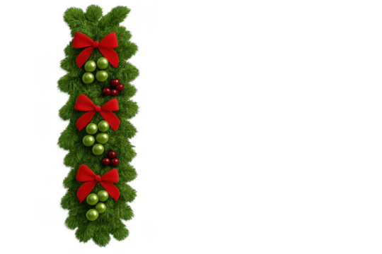 Christmas garland decorating a transparent background with red bows, green and red balls