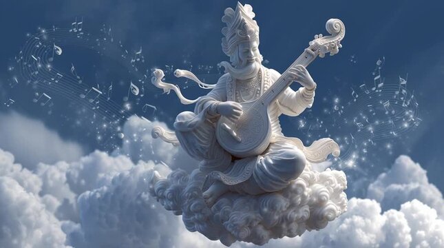 The divine sage Narada rendered in smooth white marble, symbolic artistic depiction of wisdom, devotion, and spirituality