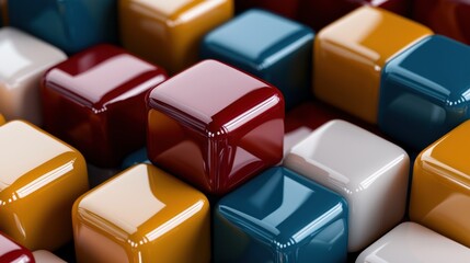 Obraz premium Close-up view of colorful, glossy, cube-shaped objects arranged together, reflecting light.