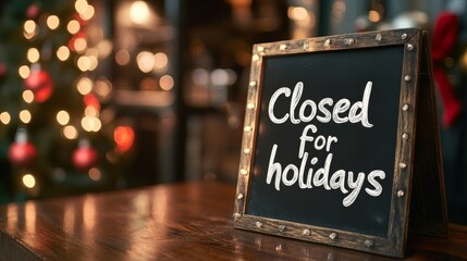 Chalkboard sign with 'Closed for Holidays' written on wooden table against background of Christmas decorations, blurred lights and bokeh effect. photo.