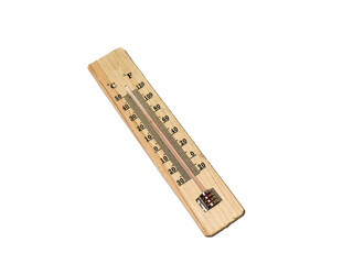 A wooden thermometer displays the temperature in Celsius or Fahrenheit isolated on a white...
