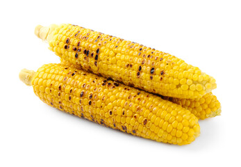 Three tasty grilled corncobs isolated on white