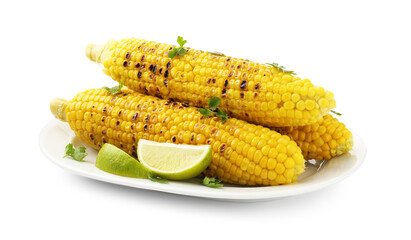 Tasty grilled corncobs with parsley and lime slices isolated on white