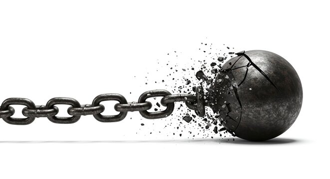 A cracked metallic wrecking ball attached to a chain debris flying - Powered by Adobe