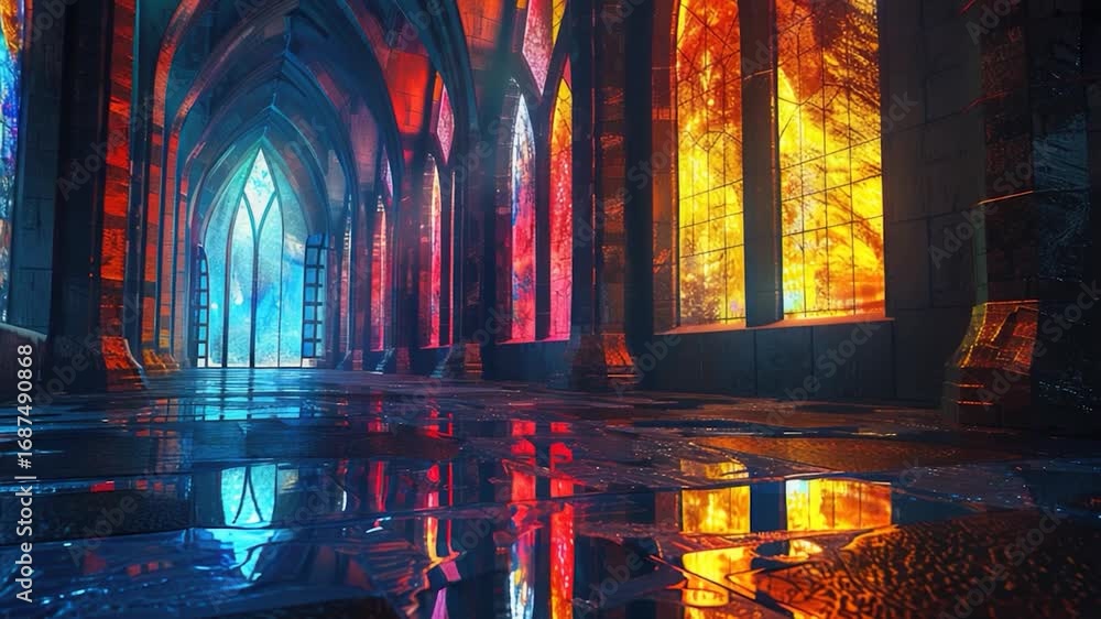 Poster a church with stunning stained glass windows reflected in a puddle of water, great for use as a back