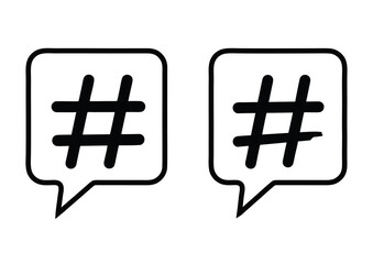 A set of two black and white hashtag icons within speech bubbles, symbolizing social media communication, online conversation, and digital tagging