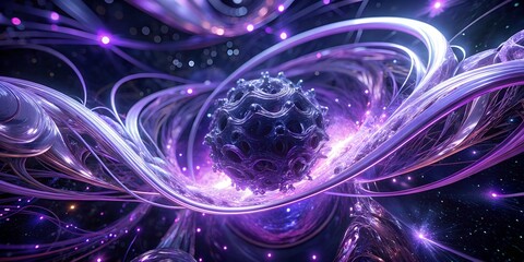 Abstract rendering of a spiky sphere surrounded by flowing metallic structures and purple light