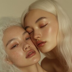Ethereal bond of two women with soft, delicate features portrait