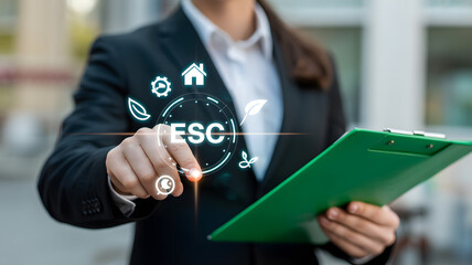Professional consultant analyzes ESG sustainability metrics with futuristic digital interface and clipboard