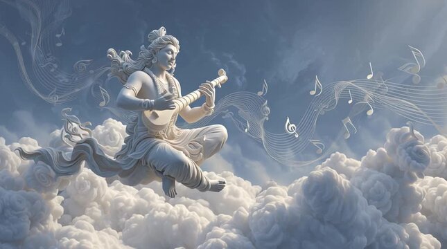 The divine sage Narada rendered in smooth white marble, symbolic artistic depiction of wisdom, devotion, and spirituality