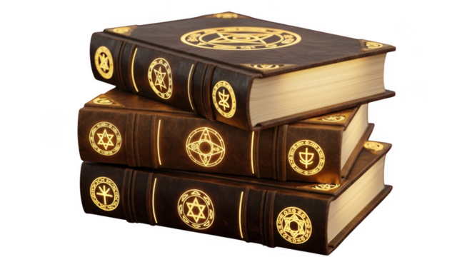 Stack of old leatherbound books with golden emblems isolated on transparent background