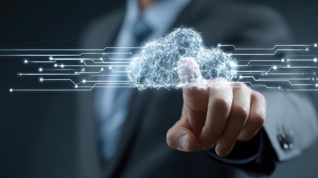 businessman hand working with a cloud computing diagram on the new computer interface as concept no logos no brands ar 169