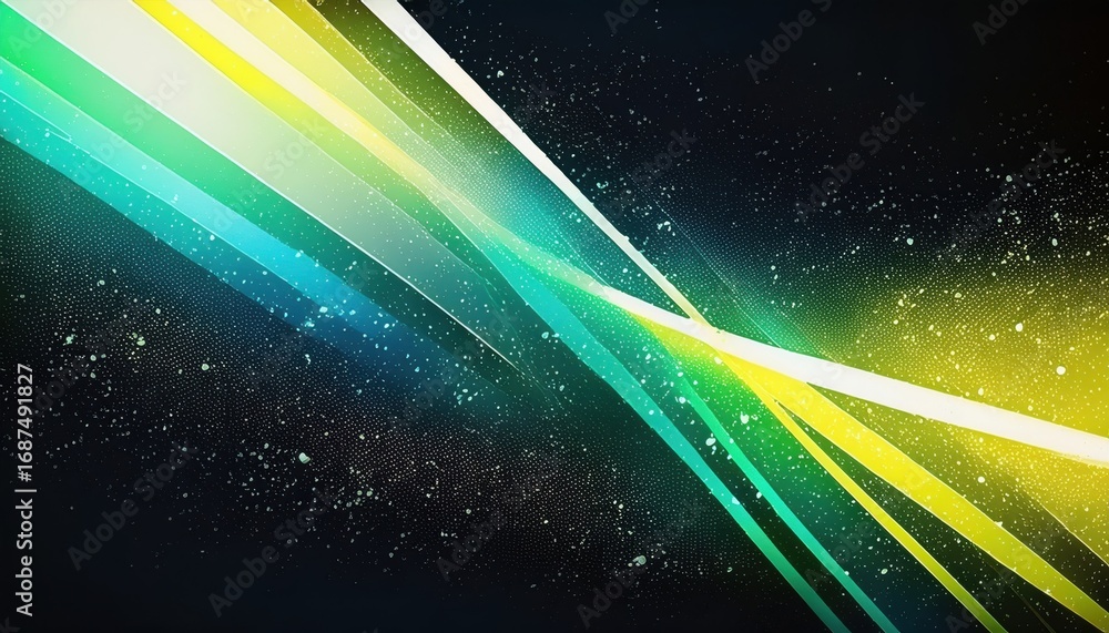 Poster futuristic neon light streaks with sparkling particles and gradient color transitions in blue and ye