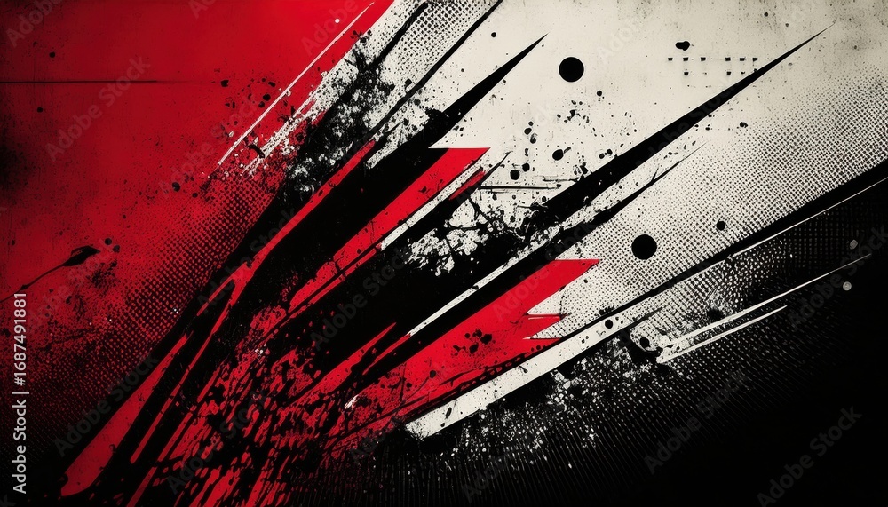 Poster dynamic red and black paint splatter with abstract streaks and halftone texture, perfect for modern 