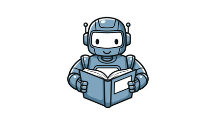 Cartoon Robot Reading a Book with Antennae and Smiling Face.
