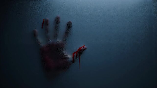 bloody handprint, spooky background, Halloween backdrop with copy space for text. Templates, content, video blogs, editing, movies, advertising