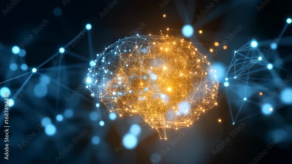 Poster digital neural network with glowing brain connections on dark background