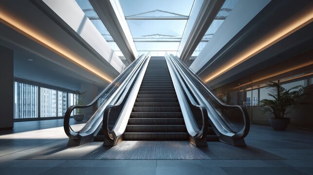 lowangle view of an escalator ascending in a sleek modern corporate building symbolizing progress success and upward mobility in a business context