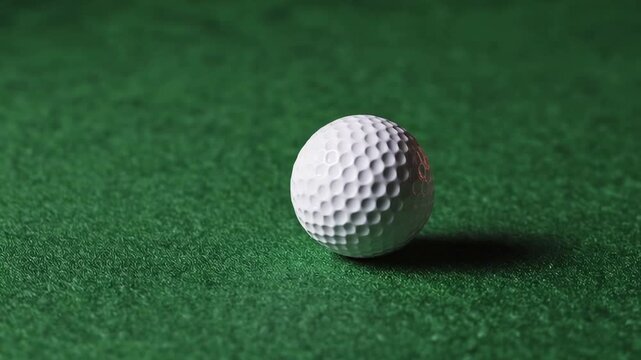 Pristine golf ball rolling smoothly across synthetic putting green surface, moving with precision and subtle momentum against clean white backdrop