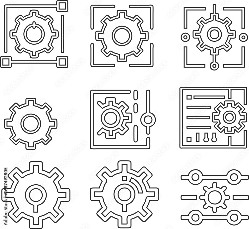 Poster thin line vector gear setting icons for digital interfaces, engineering layouts, and configuration m