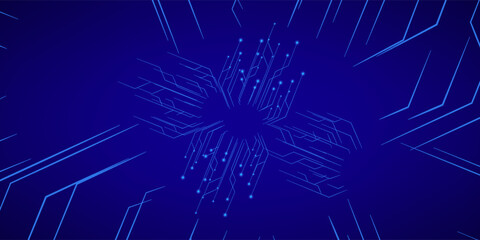 Abstract digital circuit board on an electric blue technological background. Circuit board with connected lines and dots on an abstract digital motherboard. Eps10