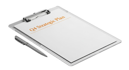 Q4 strategic plan on a clipboard with a pen, ideal for business planning, quarterly reviews, corporate presentations, financial reports, and goal setting.