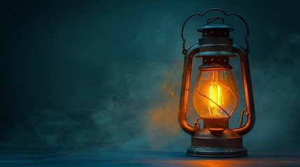 Vintage kerosene lantern glowing with warm light in smoky atmosphere