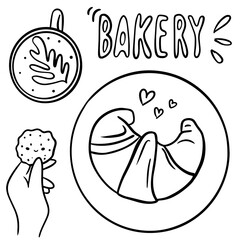 Fresh croissant, coffee cup and cookies on table, doodle 