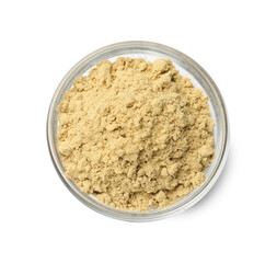 Dry powdered mustard in glass bowl isolated on white, top view