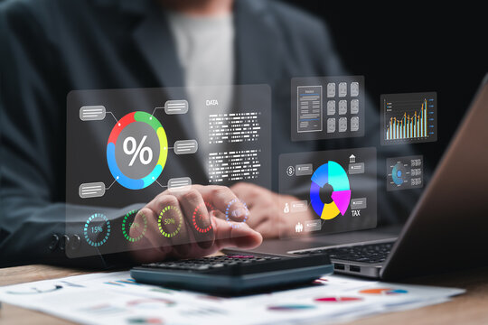 Businessman Managing Company Expense Report, Annual Financial Chart Percentage Graphs, Monthly Budget Planning, Tax Payment, Income and Expense Analysis, Corporate Strategy Adjustment for Efficiency