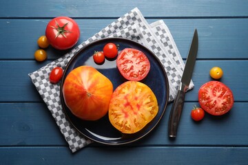 Different ripe tomatoes and knife on blue wooden table, flat lay