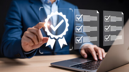 Professional approves quality certification and checks tasks on digital interface, ensuring business excellence.