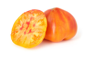 Whole and cut ripe tomatoes isolated on white