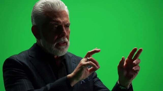 A mature man in a suit gestures emphatically against a solid green background.