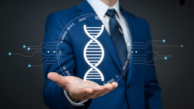 Professional businessman presenting DNA helix hologram, advancing science and technology innovation