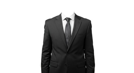 A headless figure wears a dark grey suit white collared shirt and matching dark tie against a stark white background