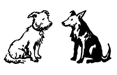 An outline vector illustration of a two sitting dogs