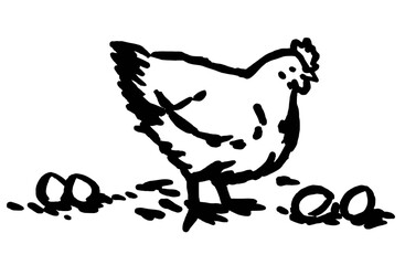 An outline vector illustration of a chicken with a few eggs