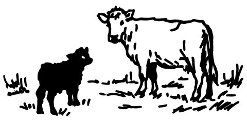 An outline vector illustration of a two cows with a grass on a background