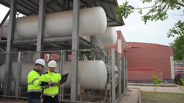 Engineers inspecting large liquid helium storage tanks at an industrial facility. Cryogenic storage, gas safety, and professional maintenance in a high-tech manufacturing environment.