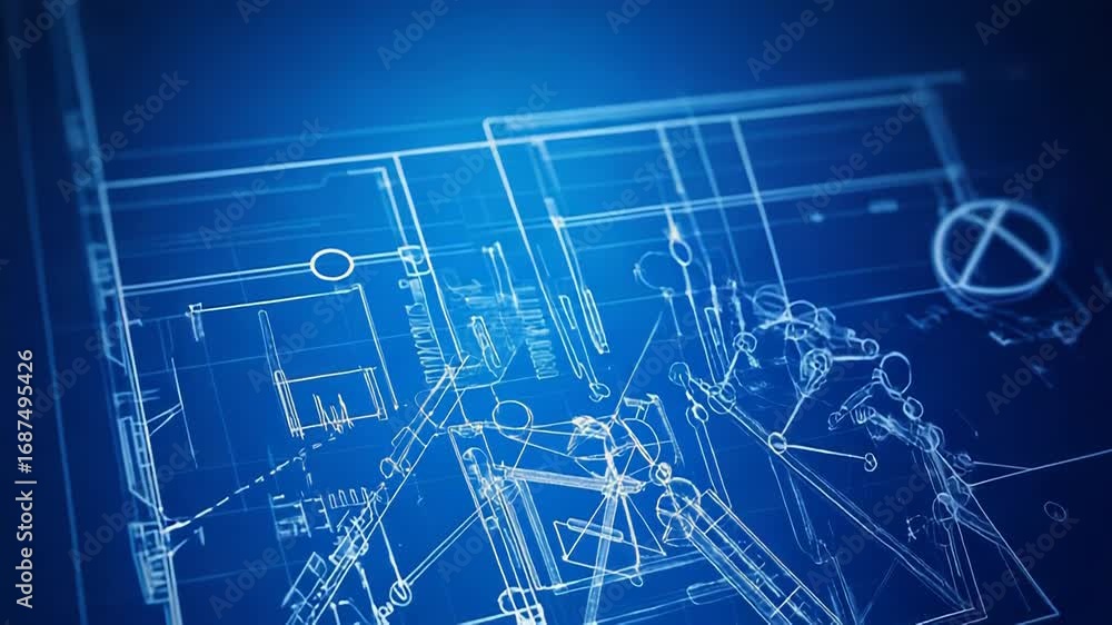 Poster futuristic engineering project displaying complex technical drawings