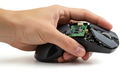 A human hand holds a broken gray computer mouse revealing its internal green circuit board White background
