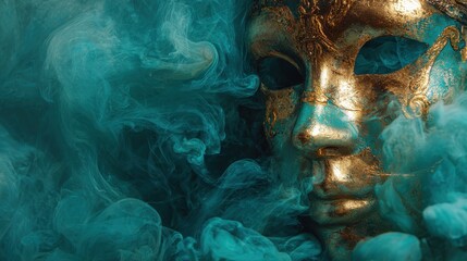 a stunning gold mask emerges amidst swirling smoke on a turquoise background creating a mystical atmosphere that evokes intrigue and enigma