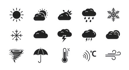 Diverse weather icons collection featuring sun clouds rain snow storms umbrella thermometer and wind for forecasting and meteorology