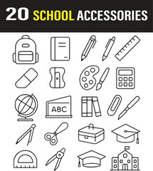 School Accessories Vector Icon Set – 20 Thin Line Education Symbols