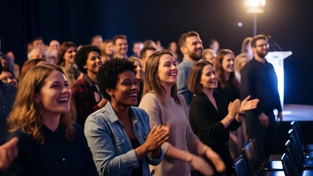 Celebration success enthusiastic audience applauding business event indoor venue dynamic atmosphere wide angle