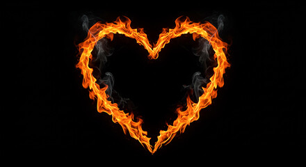 Burning Heart Shape Made of Fire Flames on Black Background